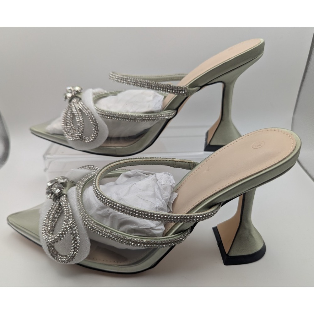 Juliet Holy Womens 8.5 Satin High Heel Mules Rhinestone Embellished Slip On READ